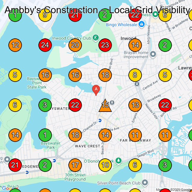 Ambby's Construction General Contractor GeoGrid ranking map for Queens NY